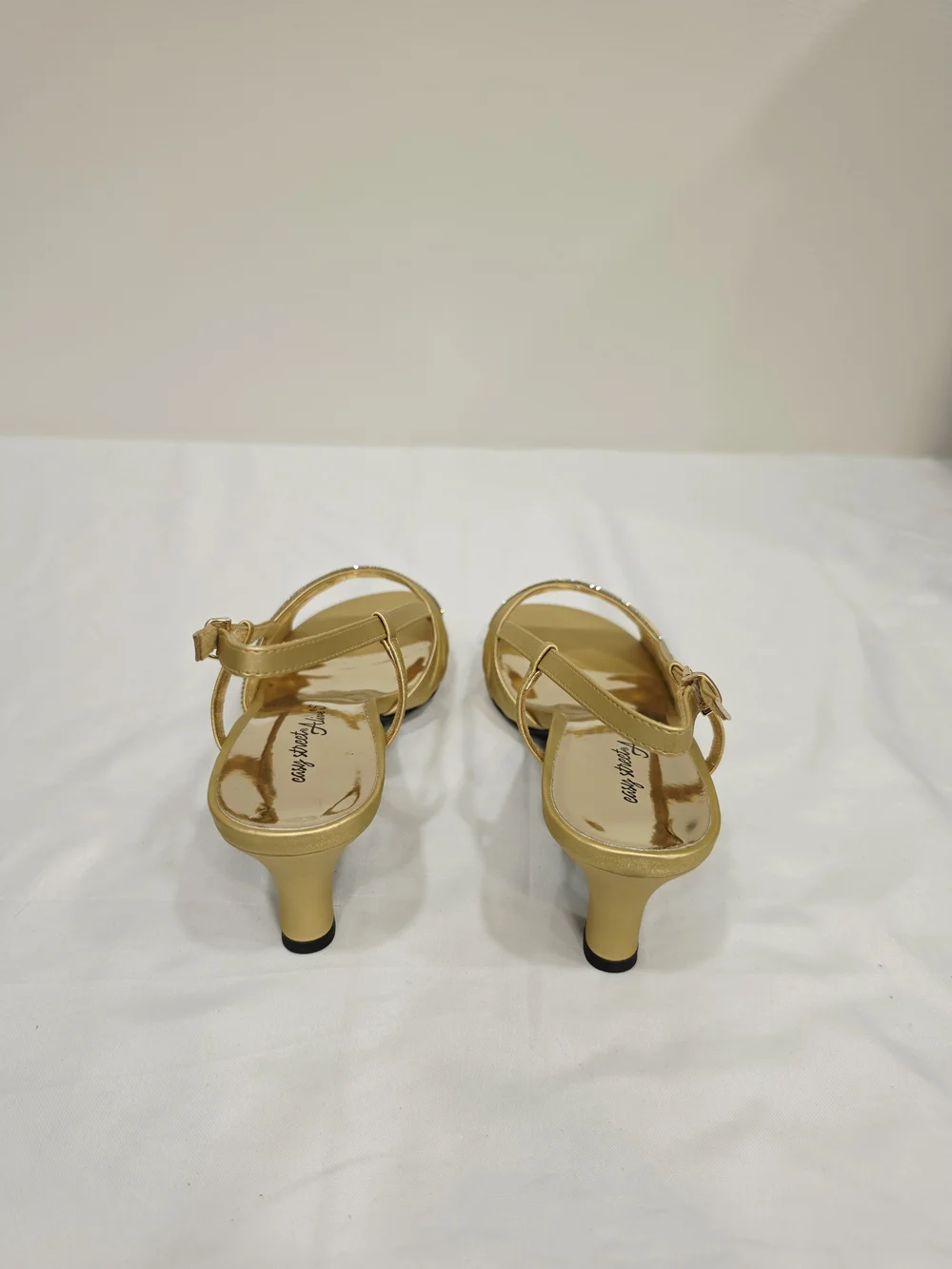 easy street Gold Satin Delite Slingback Heels with Rhinestone Band